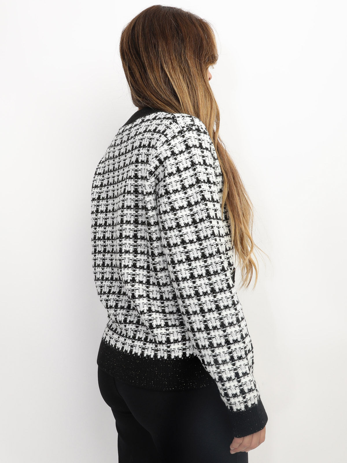 Cardigan en tweed à boutons dorés- Noir et Blanc