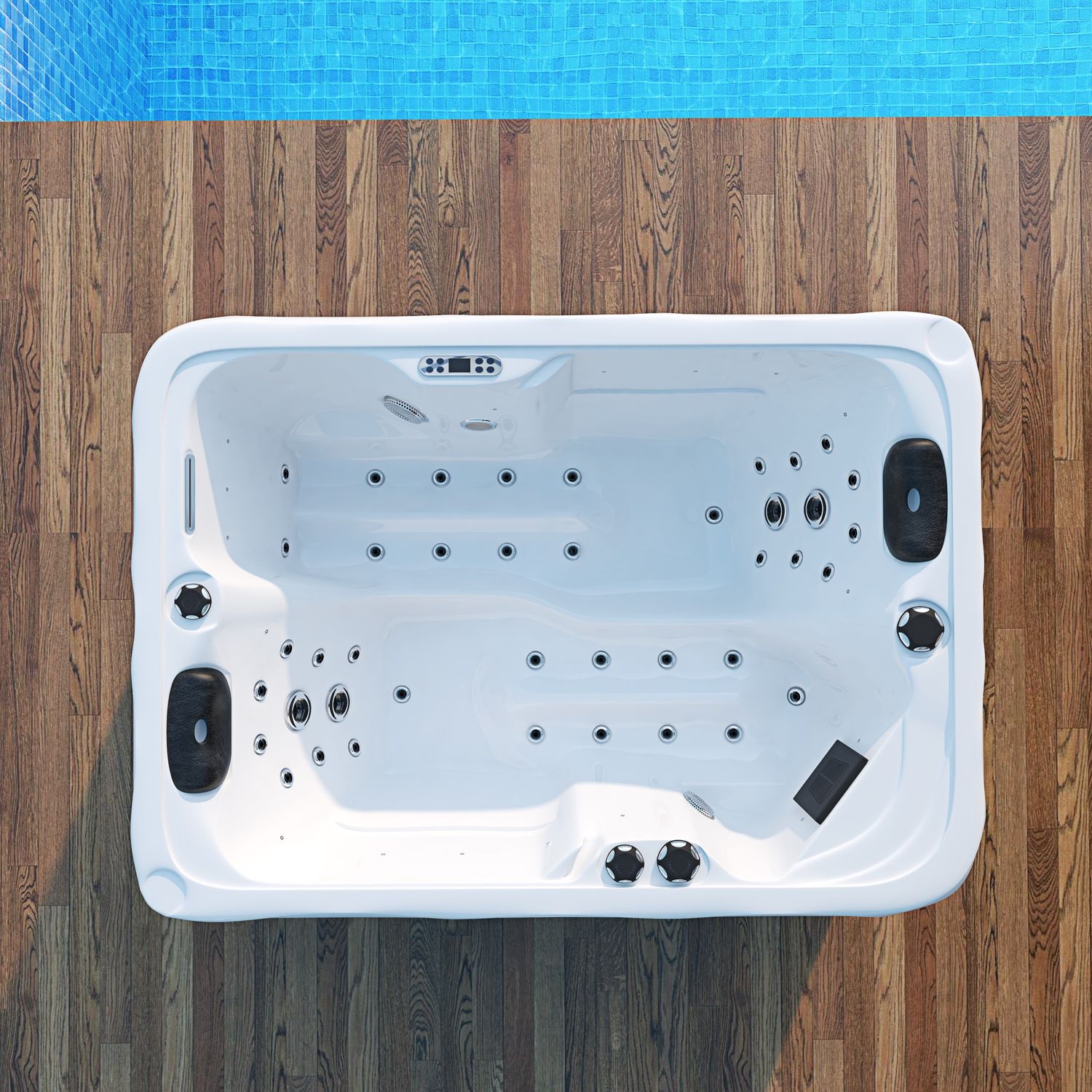 TroniTechnik® Outdoor Whirlpool LEVANZO, 2,2kW Pumpe, 3kW Heizung - 190 x 135 x 77cm - Inkl. Heizung, 41 Massagedüsen, inkl. Treppe