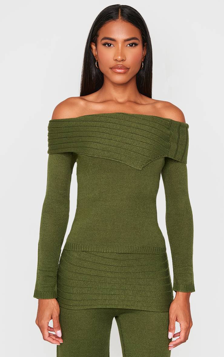 Forest Green Haut Asymétrique En Maille À Col Replié