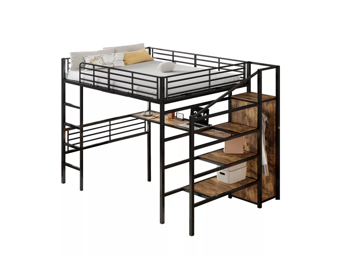 Lit mezzanine 140 x 200 cm avec bureau, armoire et marches de rangement - Métal + MDF - Noir (sans matelas)