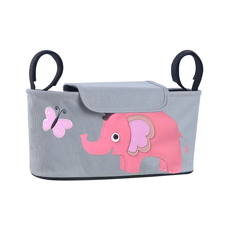 (32x17x14cm) Kinderwagen Organizer Tasche Wickeltasche Aufbewahrungsfächer für Windeln / Milchflasche / Kleidung - Elefant/Pink