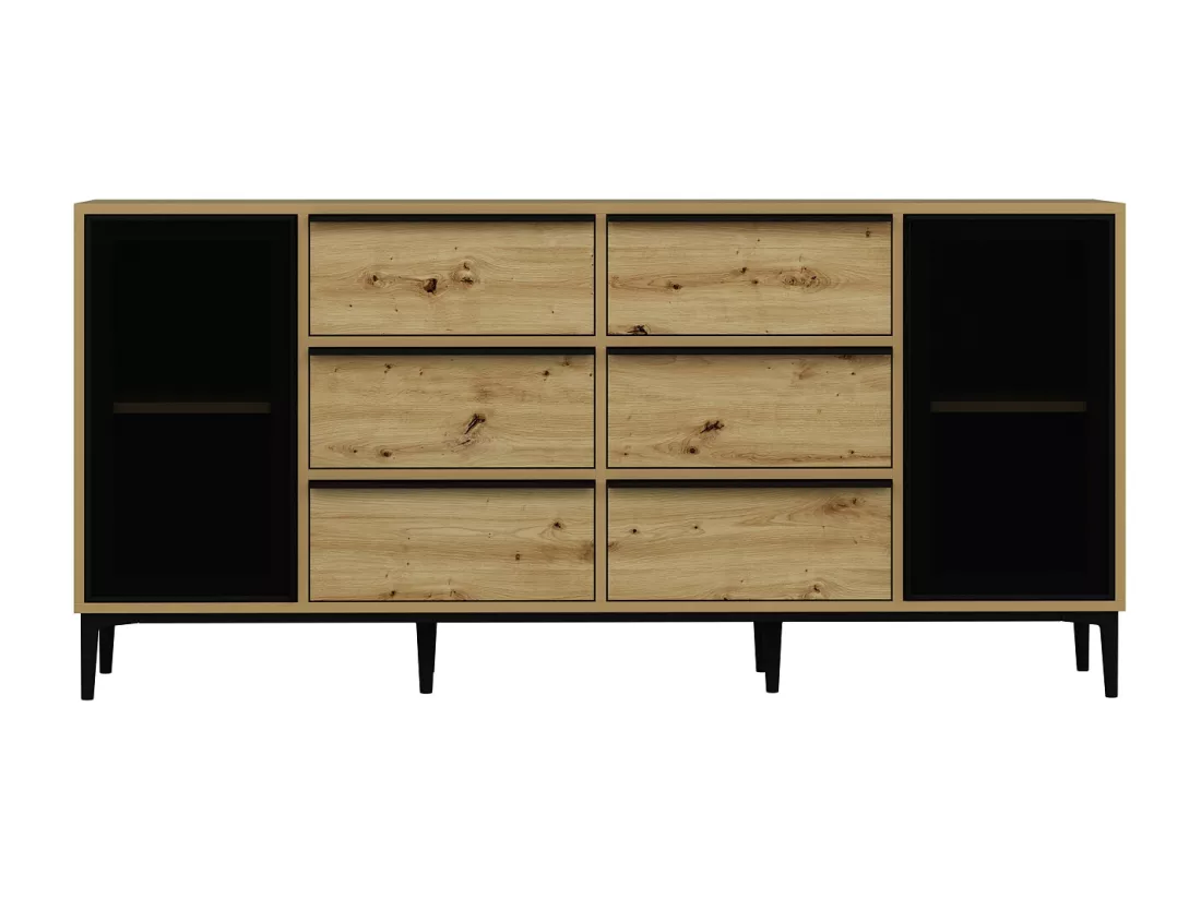 Buffet avec 2 portes en verre trempé et 6 tiroirs - Naturel et noir - MOLINIA