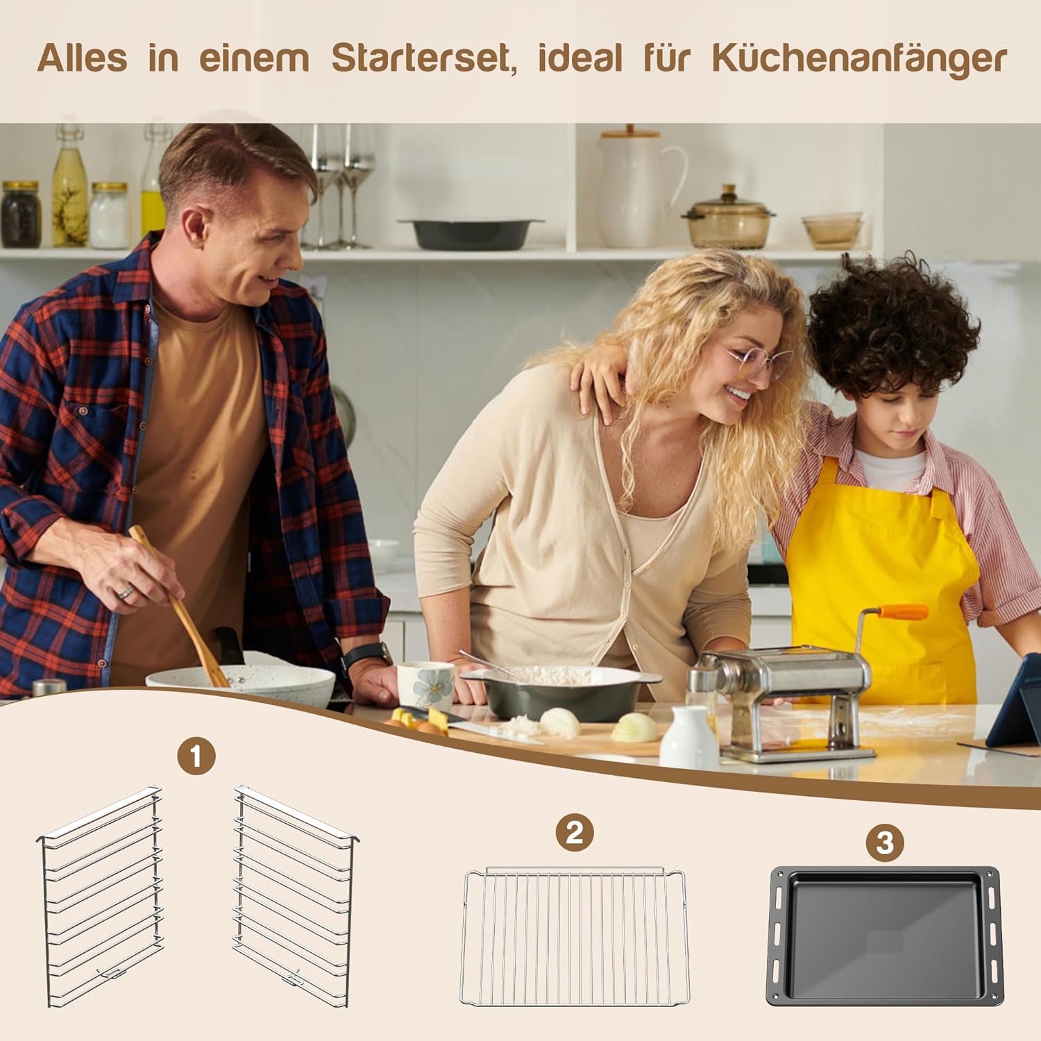 Einbaubackofen 60 cm Freistehend Backofen Einbauofen mit Stecker Drehknopfsteuerung 4 Funktionen Backofen 50 bis 250 °C Einbaugerät 65L 2200W 3D Heißluft Backen 6 Ebenen Kühlgebläse Weiß