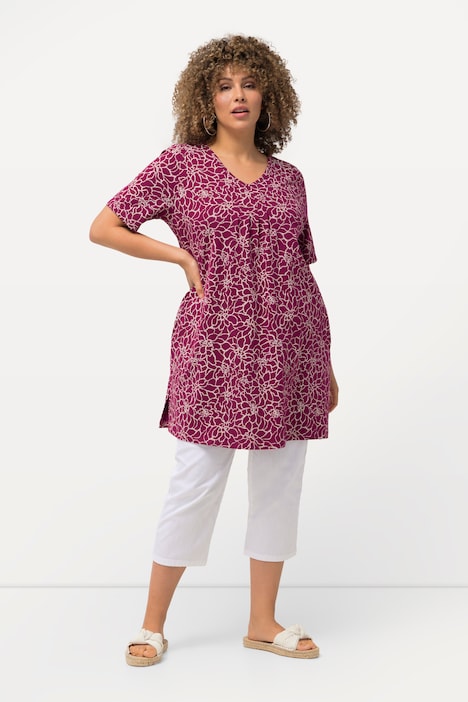 Longshirt, Zierfalten, A-Linie, V-Ausschnitt, Halbarm