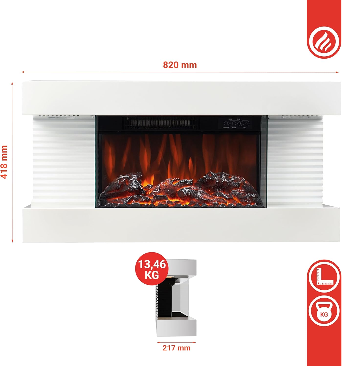 Elektrokamin Liz - Elektrischer Wandkamin mit Heizung, 3D-Flammeneffekt, LED-Ambientelicht, Fernbedienung (Weiß)