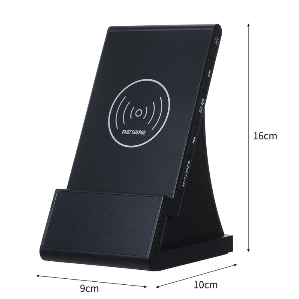 Digitaler LED Bluetooth 5.0 Wecker Tischuhr mit Qi Wireless Ladestation   Fernbedienung - Schwarz