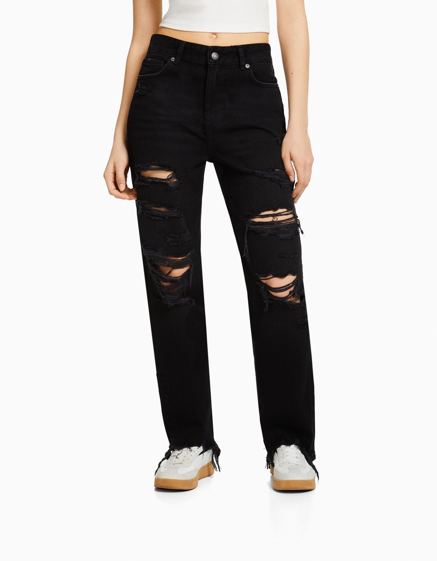 Calça jeans cropped reta rasgada