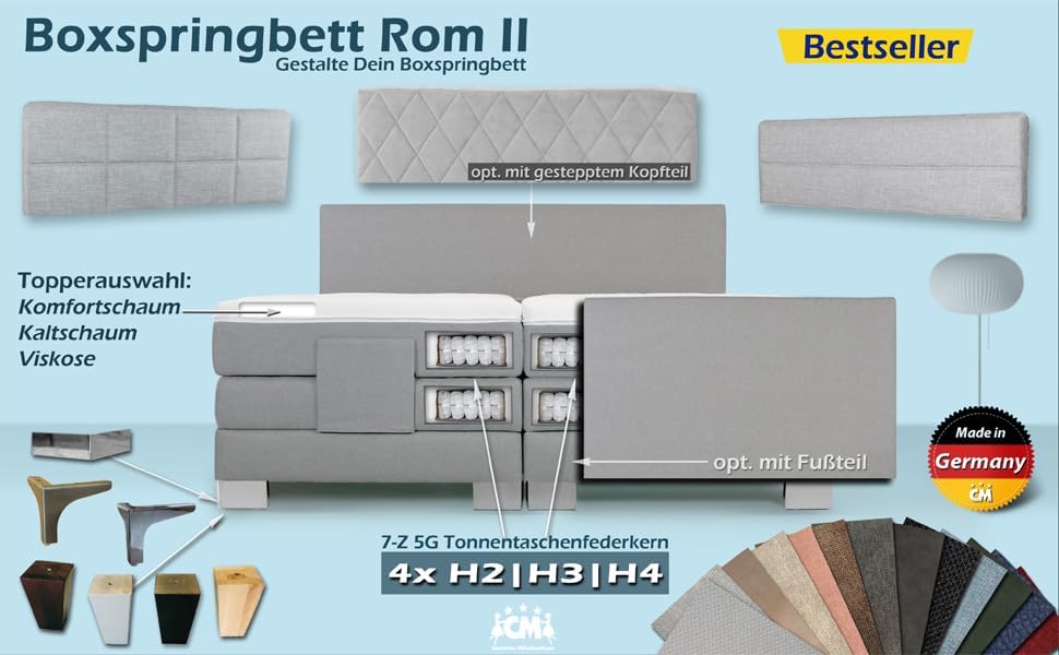 Boxspringbett Rom II 120x200 cm elektrisch verstellbar mit Motor, inkl. Tonnentaschenfederkernmatratze und Topper Härtegrad H2 / H3 / H4. Verstellbares Kopfteil & Fußteil