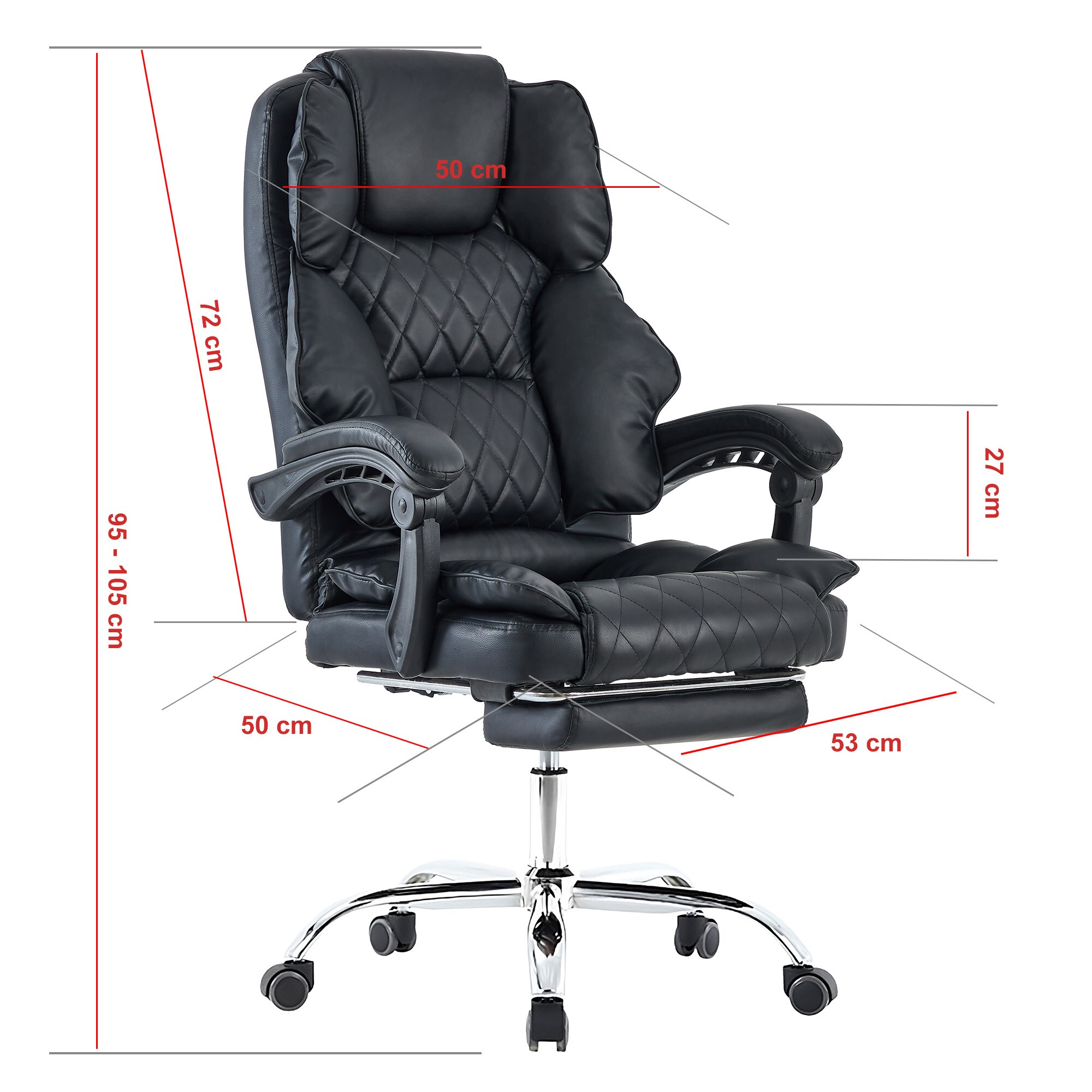 Bürostuhl mit Fußstütze und flexiblen 3-Punkt-Armlehnen - Schreibtischstuhl in Lederoptik mit Chrom-Base - ergonomischer Bürostuhl mit verstellbarer Rückenlehne