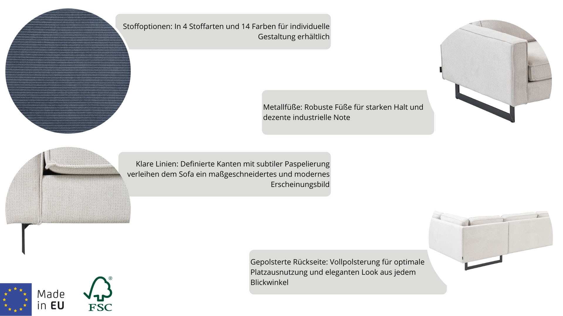 Home affaire Ecksofa »Pinto, XXL, 250/290 cm, langer Schenkel, Ottomane« Cord, Chenille, Lederoptik, mit Keder, Metallfüsse, Wellenunterfederung