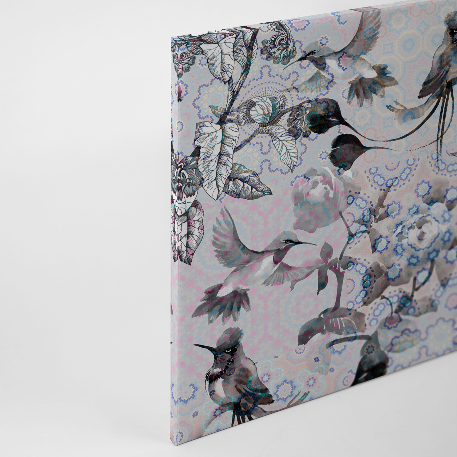 Leinwandbild BUNTE VÖGEL- grau-weiß - 90x60 cm