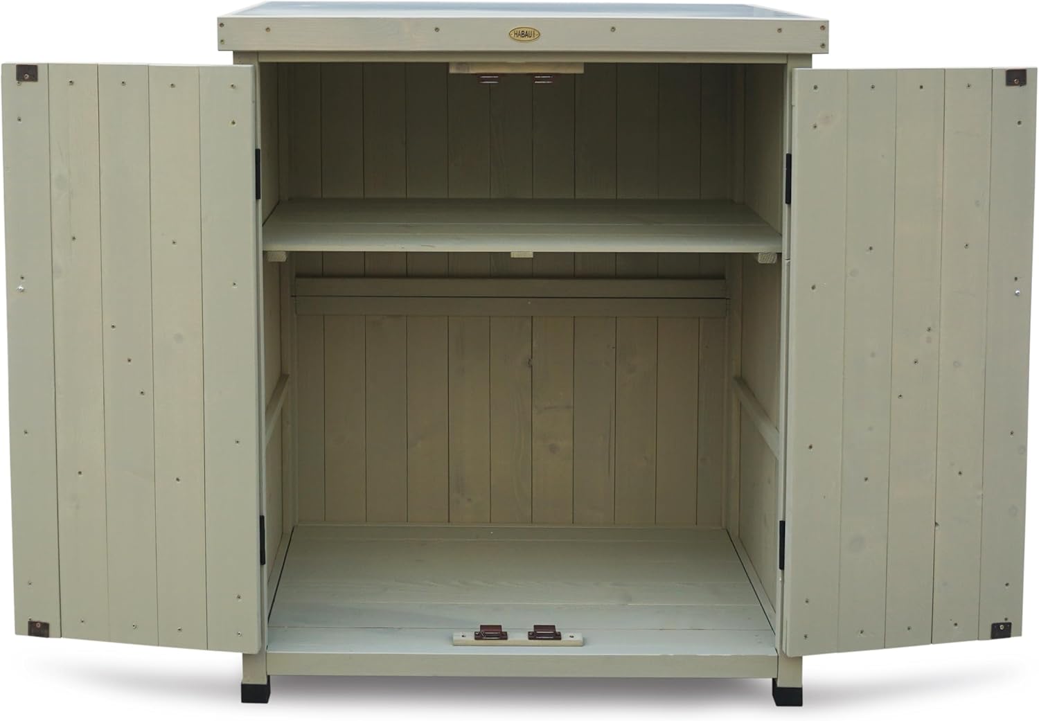 HABAU Gartenschrank, wetterfest in Grau lasiert, aus zertifiziertem Massivholz, ideal für Garten, Balkon und Terrasse (Laura)