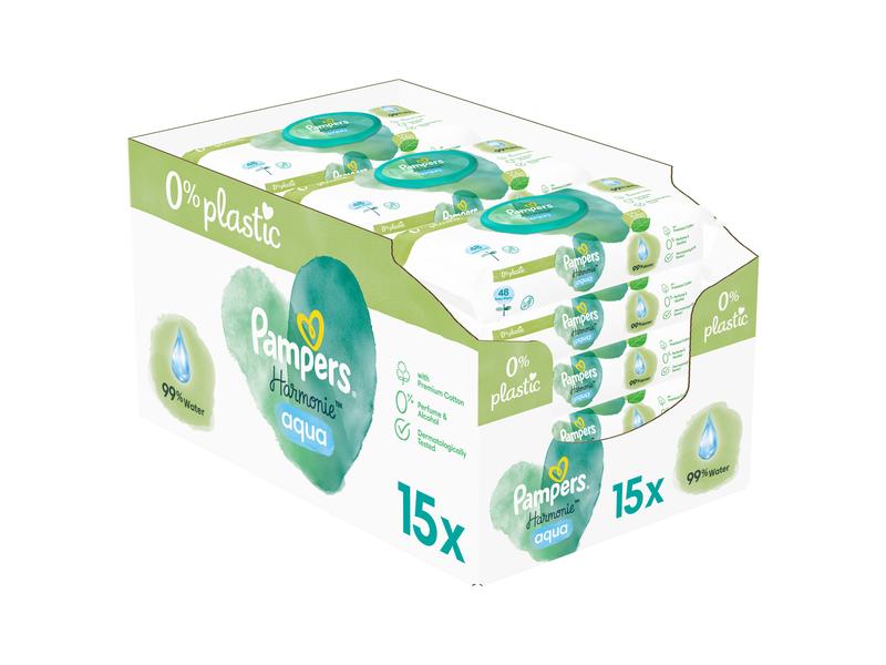 Pampers Feuchttücher Harmonie Aqua Giga Pack 15 x 48 Stk. Für eine sanfte Reinigung von Gesicht, Hand oder Po Ihres Babys