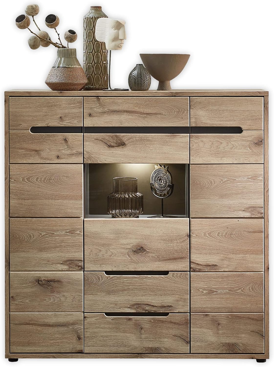 Stella Trading BELLANO Highboard in Viking Eiche Optik, Graphit - Moderner Wohnzimmerschrank mit Schubladen und LED-Beleuchtung - 125 x 128 x 38 cm (B/H/T)