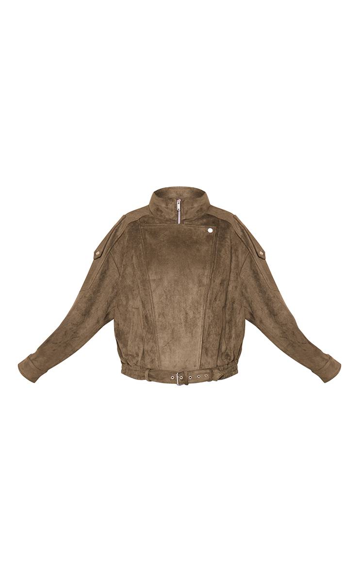 Kaki Veste De Motard En Synthétique Souple Avec Col Montant Et Ceinture Basse