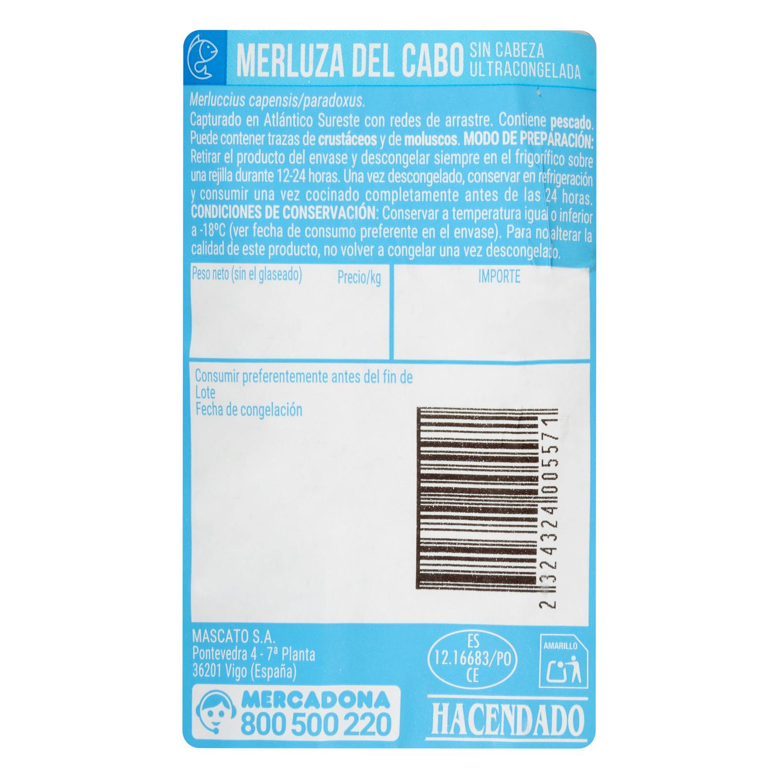 Merlu du Cap sans tête Hacendado, ultra surgelé