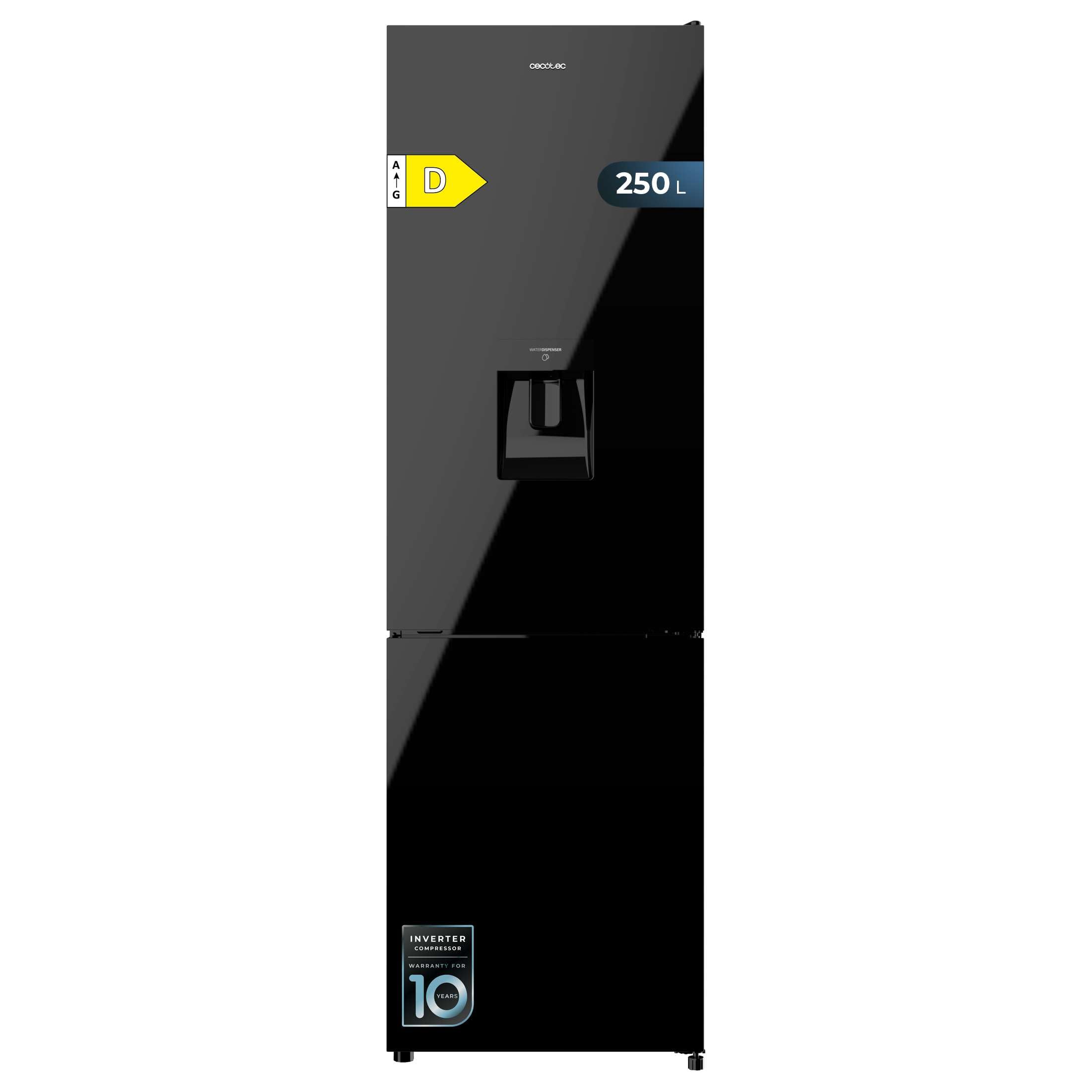Cecotec Réfrigérateur combiné Bolero CoolMarket Combi 250 WD Black Glass D. Capacité de 250L, classe D, compresseur Inverter, Total No Frost, porte ré