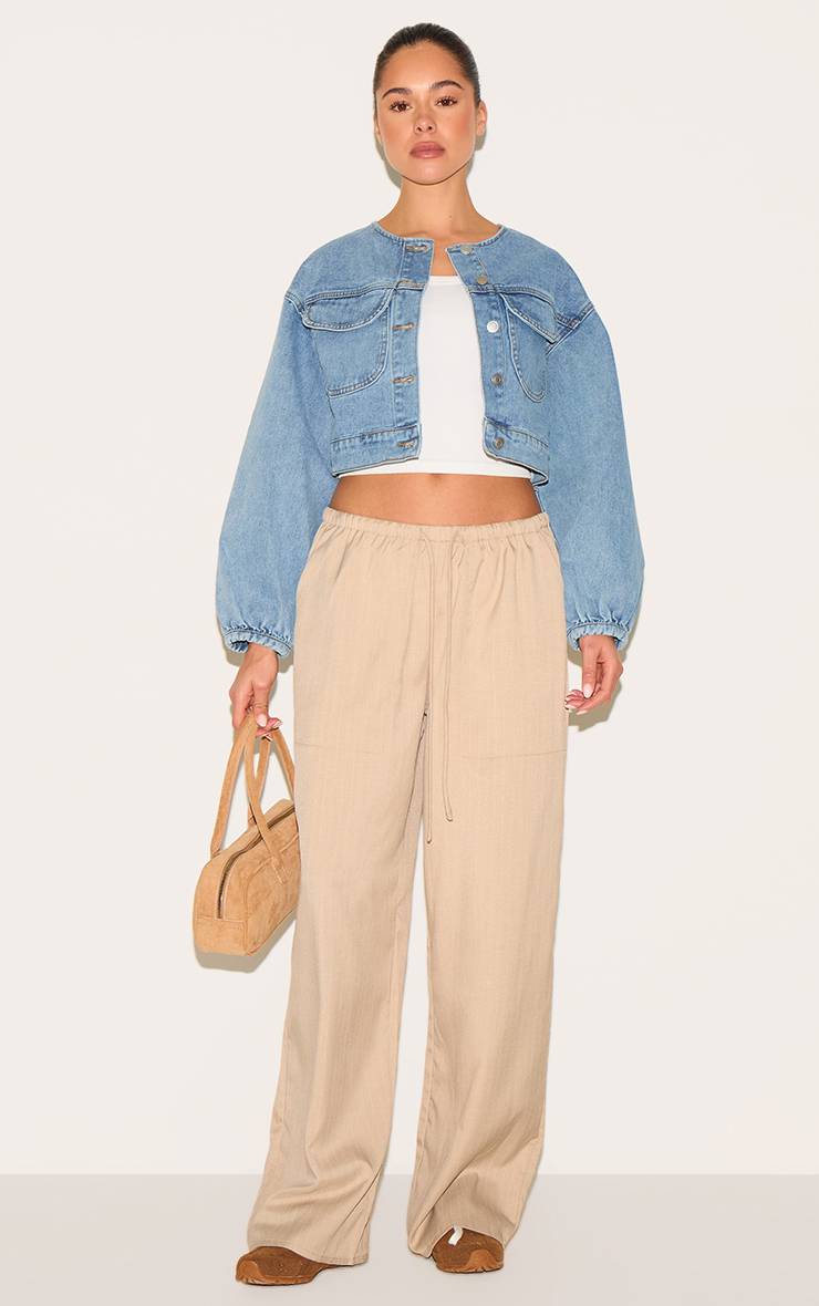 Mid Blue Wash Veste En Jean Courte Col Rond