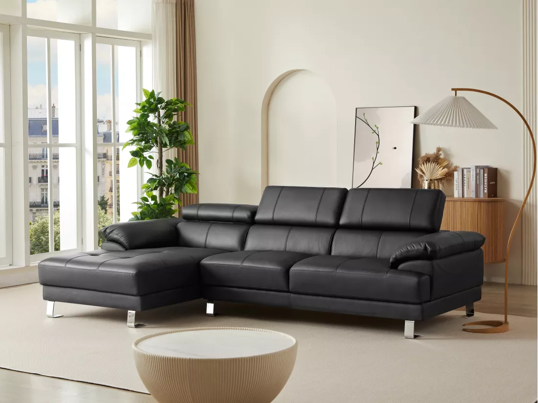 Canapé d'angle gauche en cuir premium noir EXCELSIORA