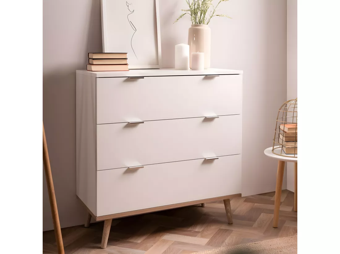Commode Göteborg - 3 tiroirs - Décor chene sonoma Blanc - Scandinave - L 79,8 x P 40 x H 86,5 cm