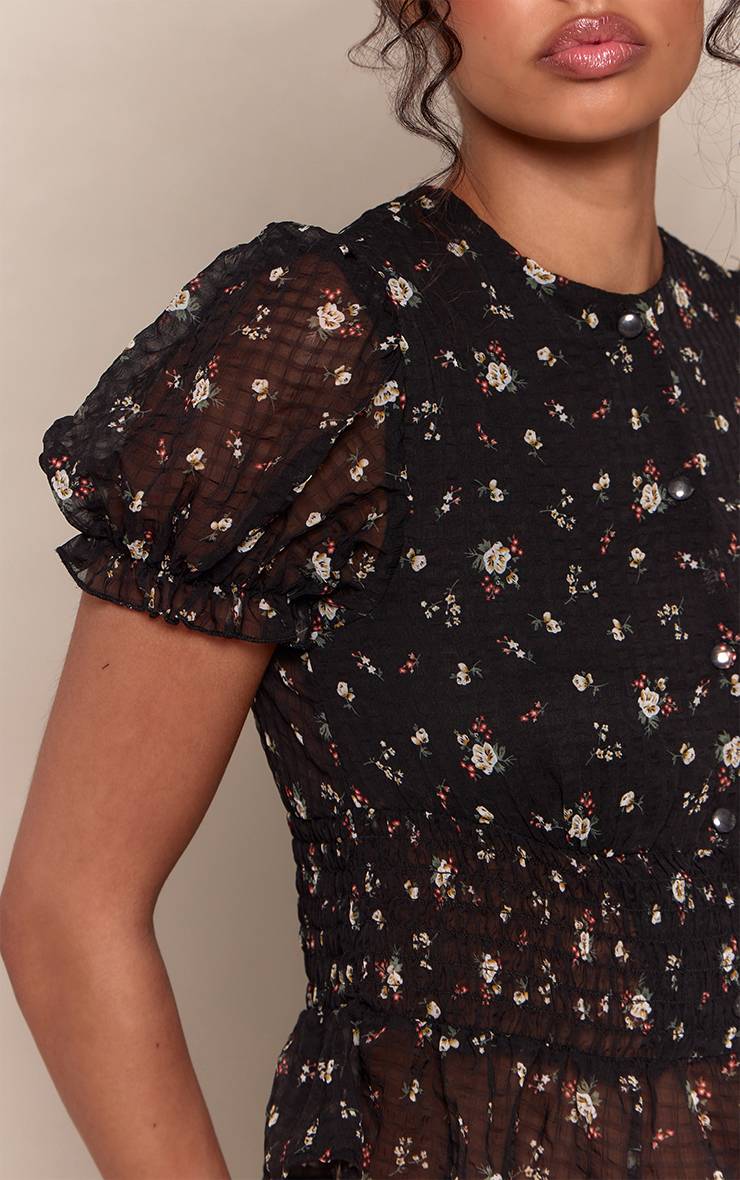 Noir Haut En Mousseline À Imprimé Floral Avec Manches Bouffantes