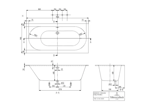 Baignoire droite 190 X 90 VILLEROY ET BOCH Oberon Quaryl