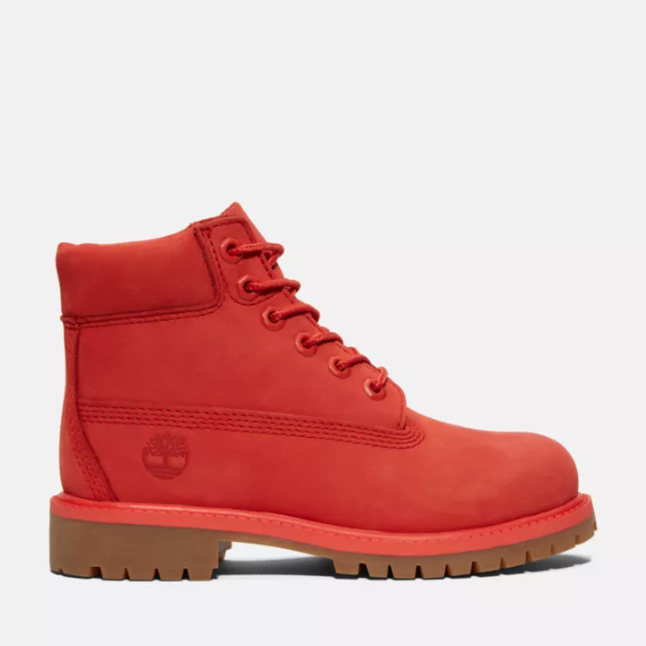 Bota Timberland Premium de 6 polegadas impermeável, edição 50, para crianças pequenas, na cor vermelha.