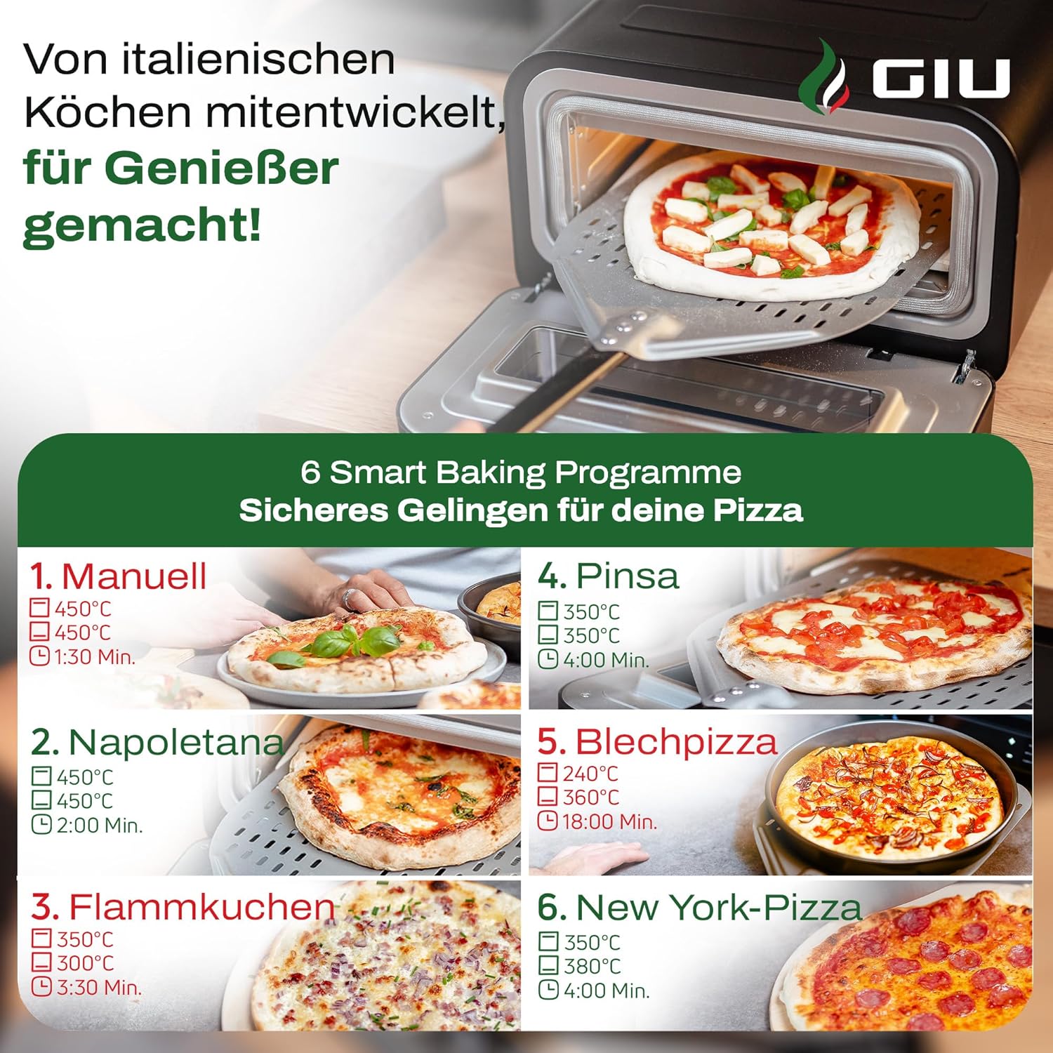 GIU Elektrischer Pizzaofen - Starker Elektro-Ofen für neapolitanische Pizza | Backofen, Pizzaofen, elektrisch, Electric Oven | Über 400 Grad FusionHeat-Tech | Genieße Steinofen-Geschmack Zuhause