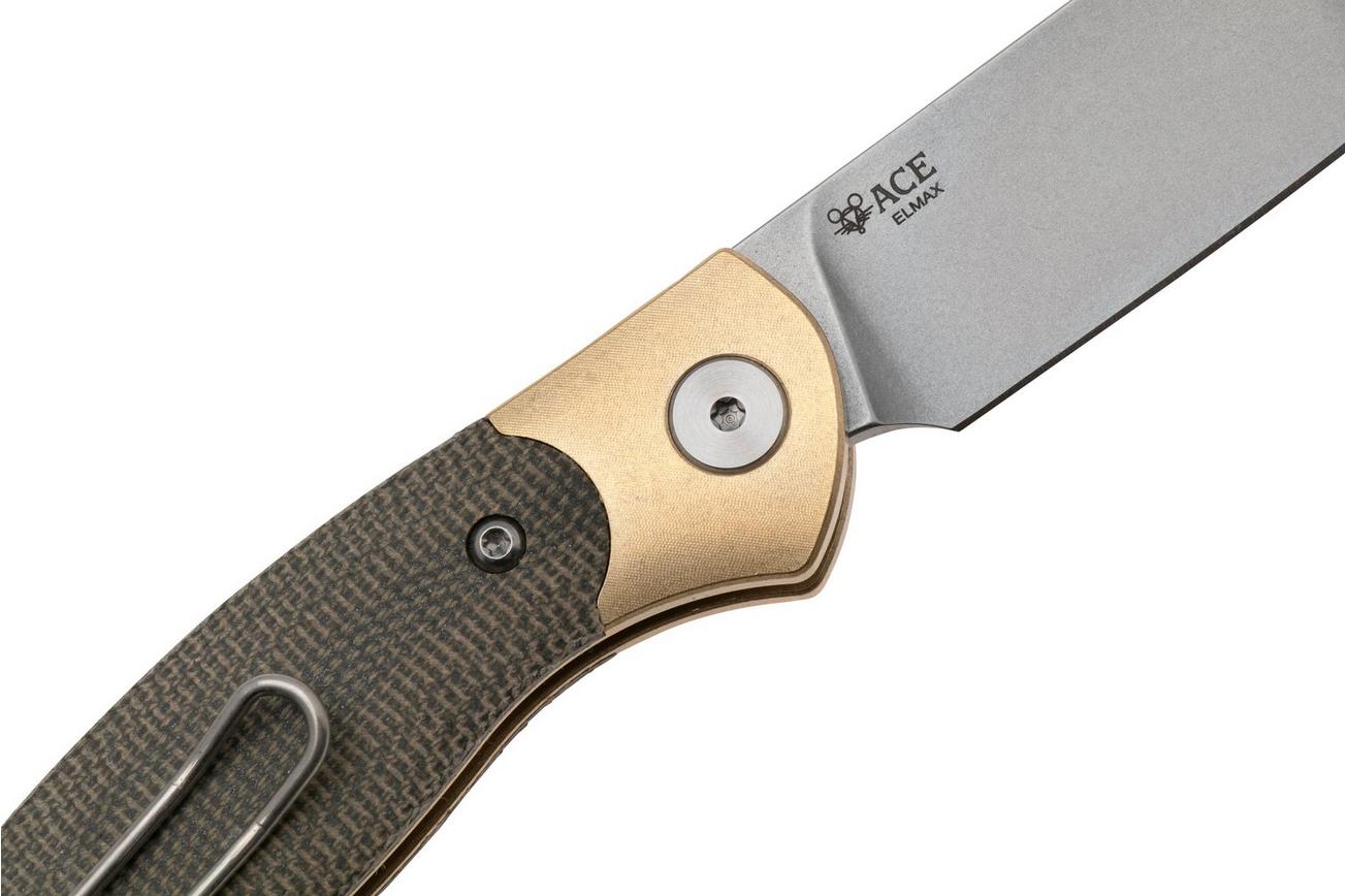 GiantMouse ACE Farley V2 BRASS-B-GRN Stonewashed Elmax, Brass Bolster, Green Micarta, zakmes, Ansø en Voxnaes design