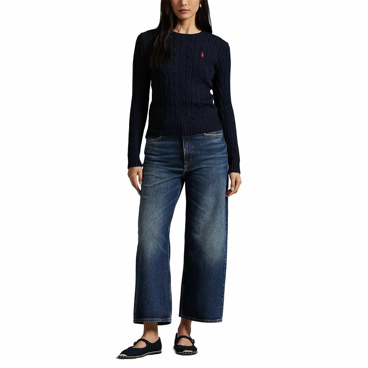 POLO RALPH LAUREN<br>Suéter de malha trançada de algodão com gola redonda