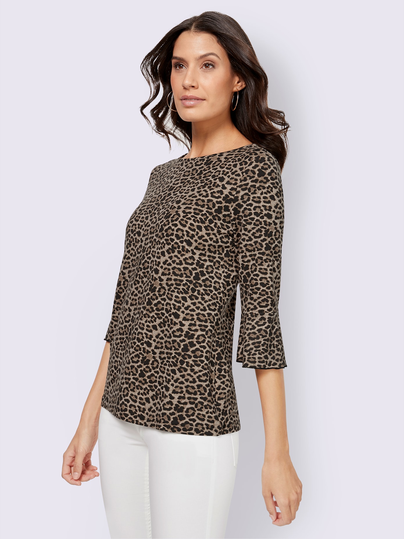 T-shirt femme imprimé félin col rond manches 3/4 volantées
