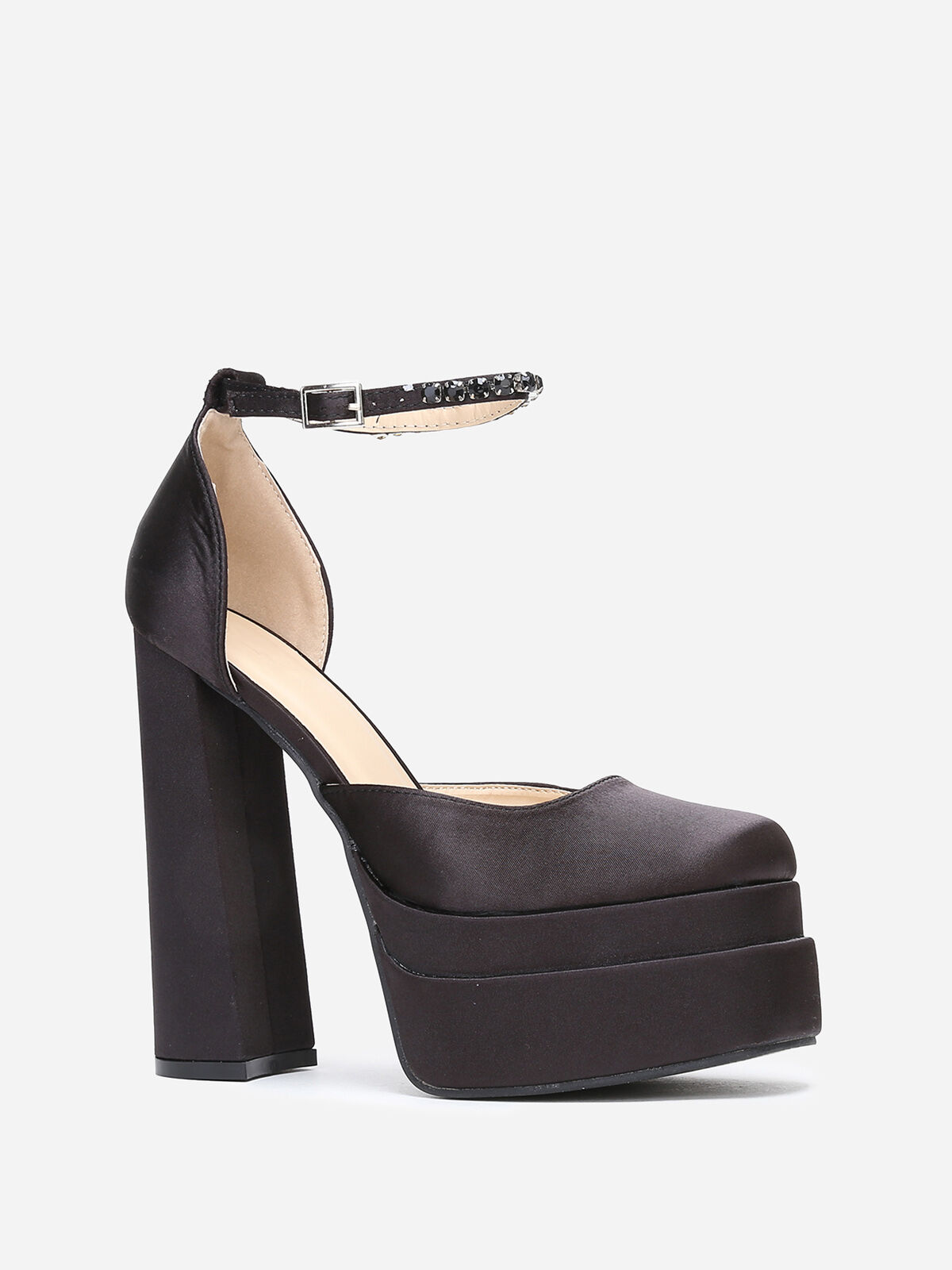 Escarpins satinés à plateforme et strass- Noir