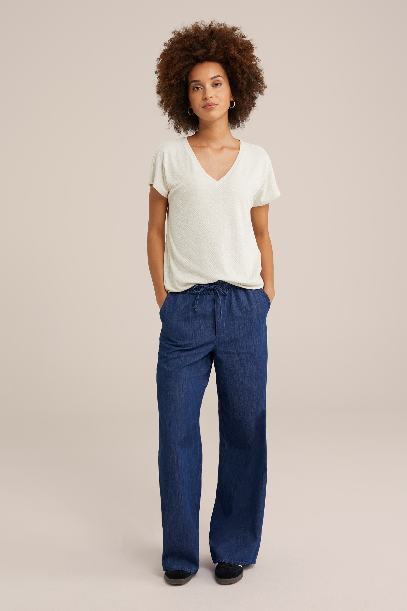 T-shirt met structuur WE Fashion Gebroken wit