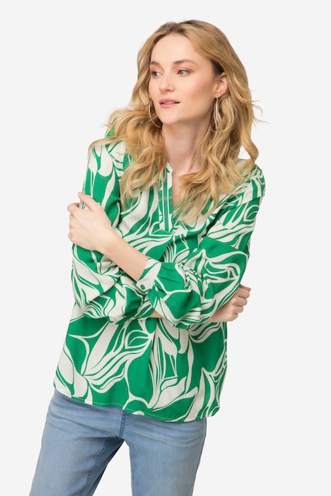 Bluse, grafischer Blütenprint, Stehkragen, Langarm