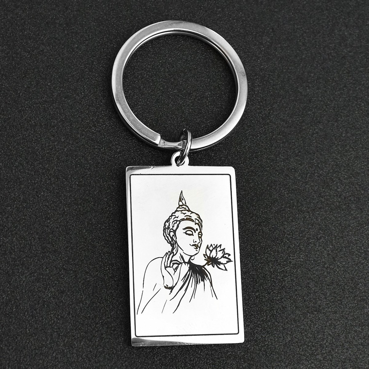 Porte-clés bouddha fleur de lotus spirituelle dans un rectangle acier inoxydable