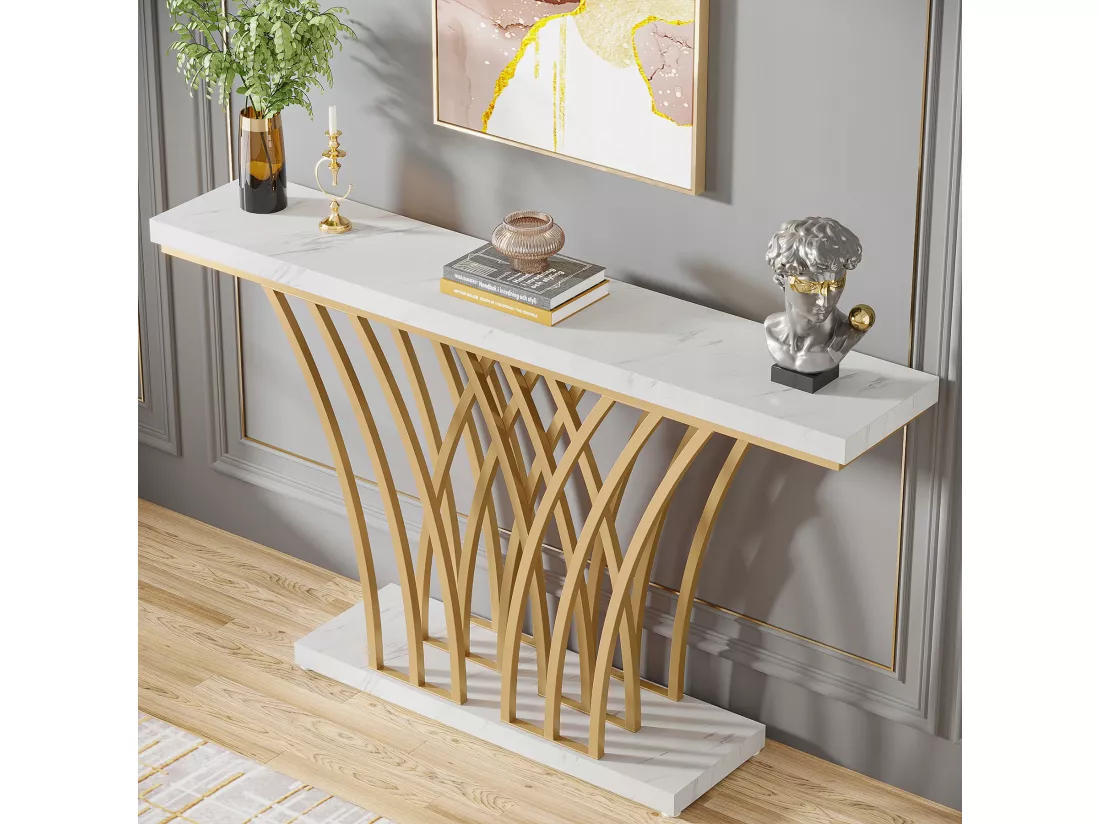 Tribesigns Table Console dorée - 150 x 29,5 x 80 cm - Moderne - avec Pied en métal en Forme de Grille - pour entrée, Couloir, entrée, Salon (Blanc)