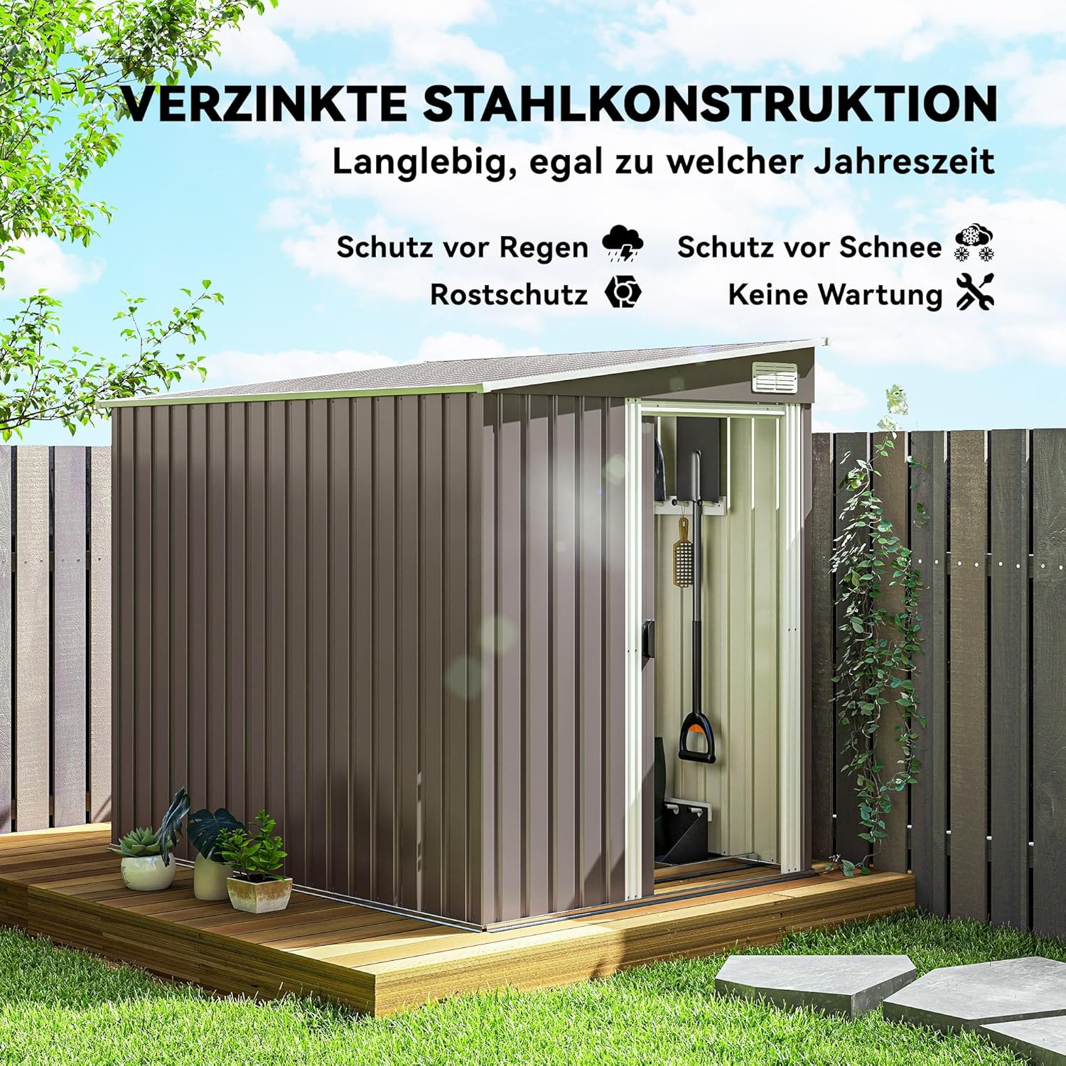 Outsunny Metall Gerätehaus 2,81m² 154x206,5x181 cm Geräteschuppen mit Pultdach Fundament Schiebetür wetterfest Gartenhaus Outdoor Garten Schuppen Schrank für Hinterhof Außenbereich Hellgrau