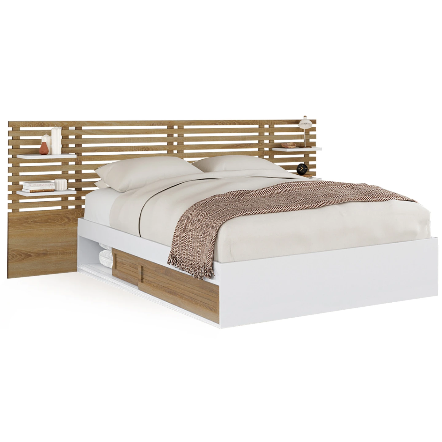 Lit double SAVANA avec tête de lit, chevets, rangements et sommier 140 x 190 cm hêtre et portes blanches
