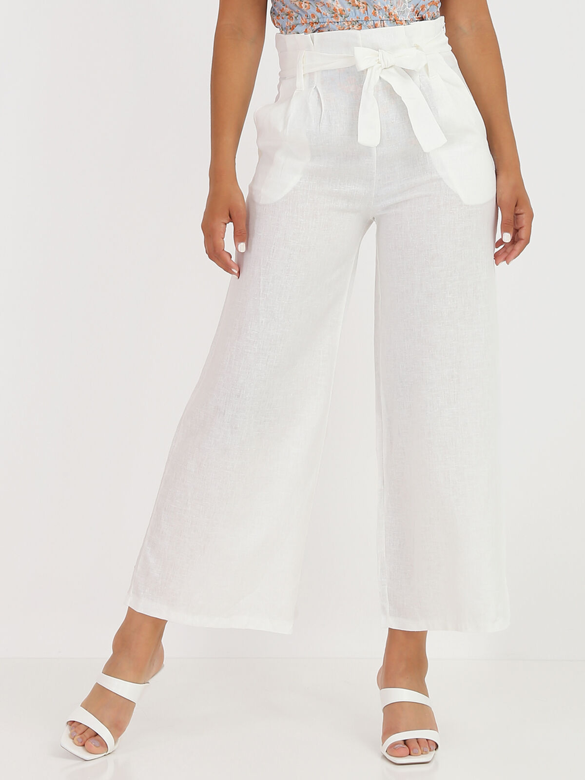 Pantalon large en lin- Blanc