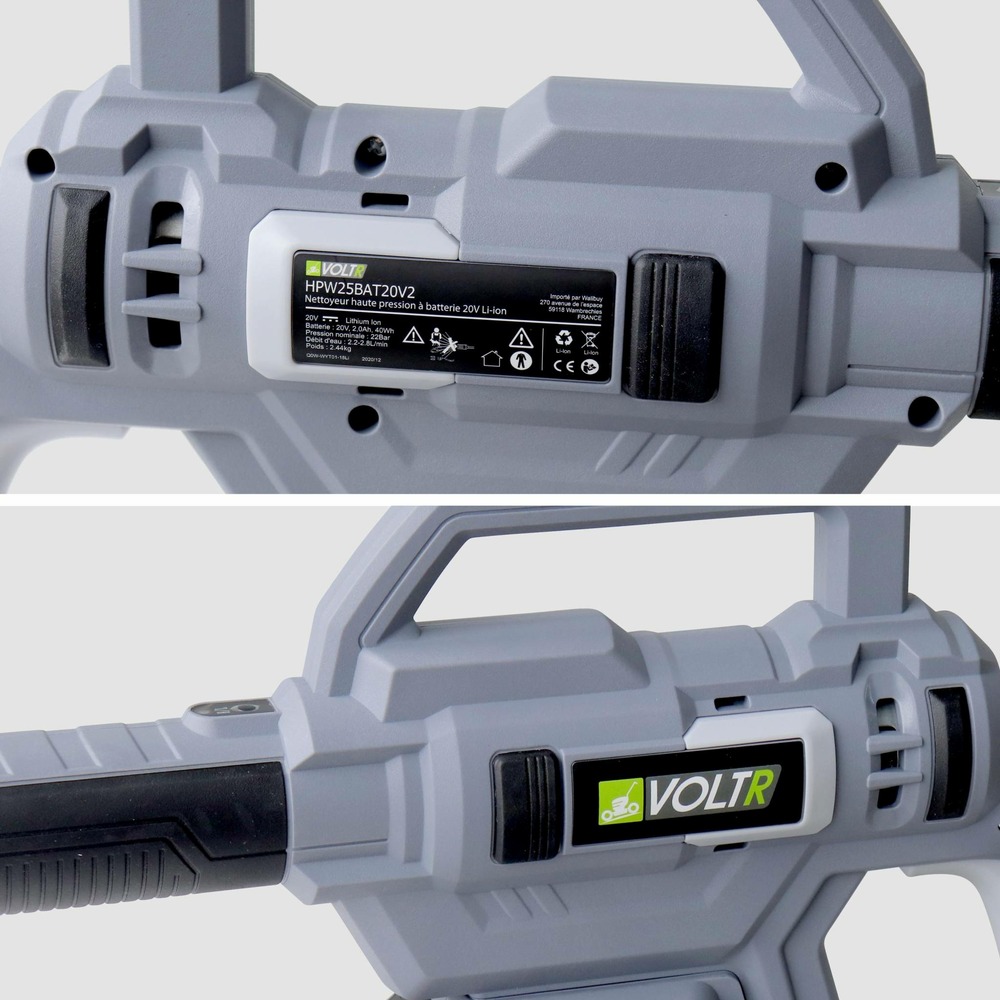 Voltr – nettoyeur haute pression 25 bars à batterie 20v – kit complet d’accessoires brosse. Buse à jet variable. Réservoir