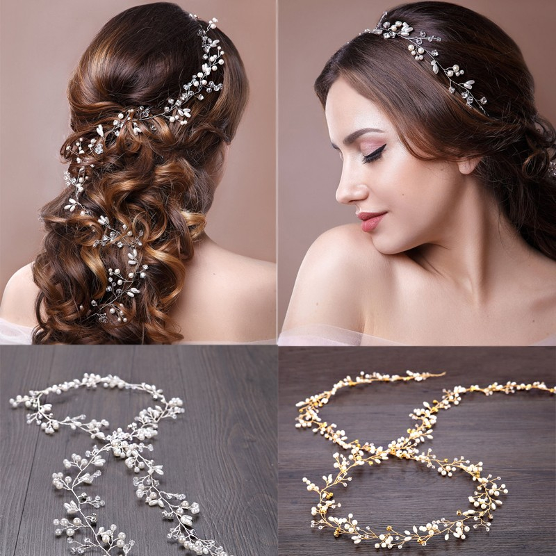 (100cm) Haarschmuck Braut Frisur Kette Strass / Perlen Band - Silber