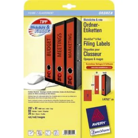 Avery Zweckform L4752-20Ordnerrücken Etiketten A4, mit ultragrip, 61 x 297 mm, breit/lang, 20 Bogen/60 Etiketten, rot