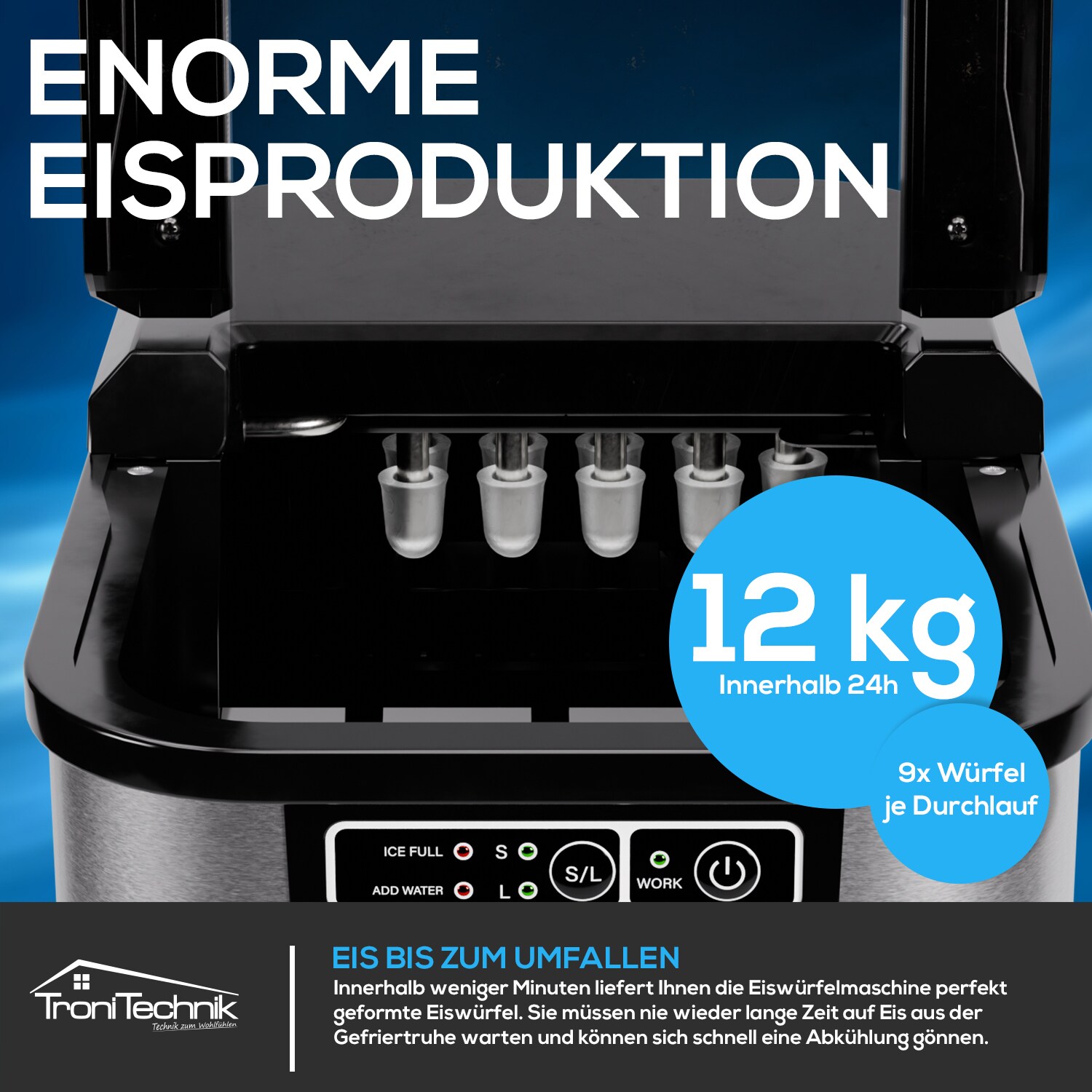 TroniTechnik® Eiswürfelmaschine Eiswürfelbereiter aus Edelstahl , Ice Maker, 12kg/24h, 2,2 Liter Wassertank, 2 Größen, Selbstreinigung