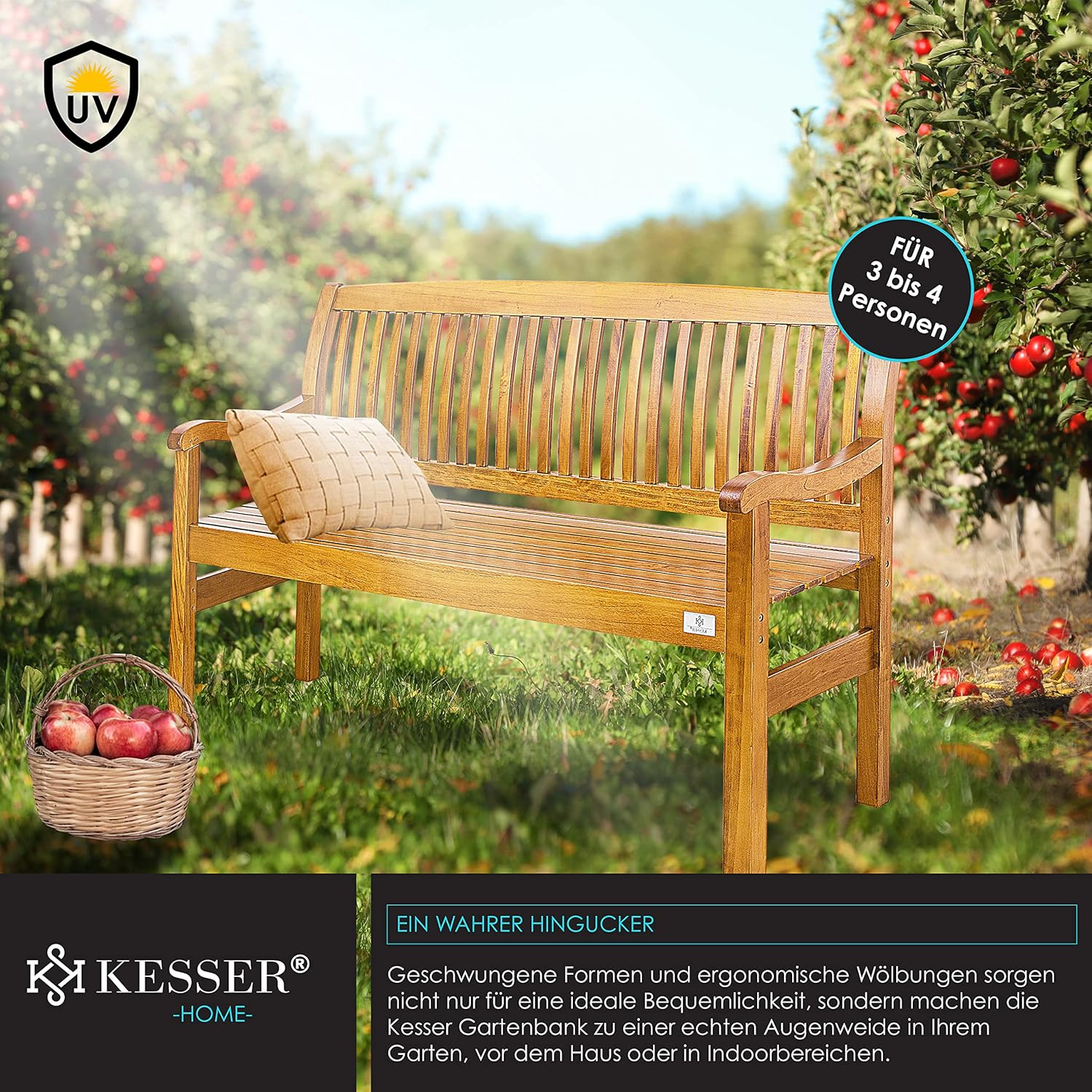 KESSER® Gartenbank Holz Holzbank wetterfest | Für 3 bis 4 Personen | Parkbank aus Massivholz | Sitzbank 320 kg belastbar 150 cm | Balkonbank Bank für Balkon Terrasse & Garten inkl. Cover Hellbraun