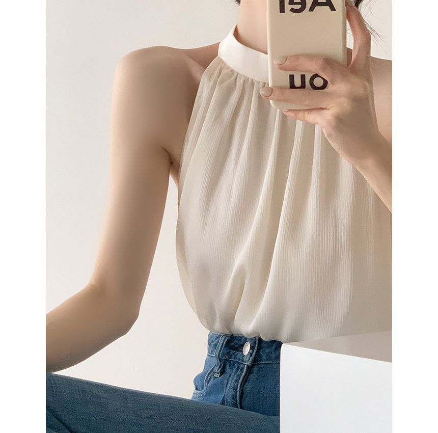 Bamela - Mouwloze blouse met col en effen kleur