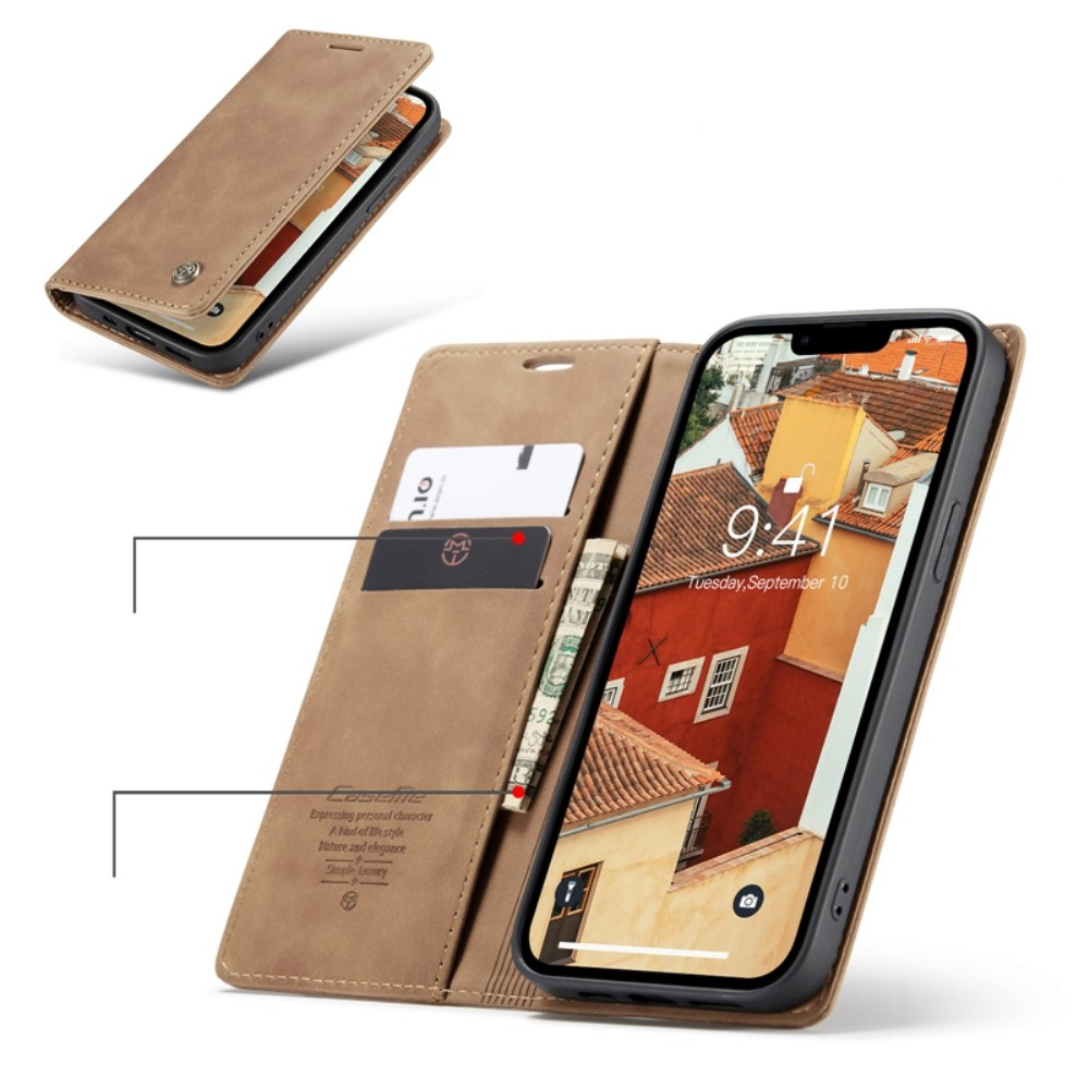 iPhone 14 Leder Tasche Flip Wallet Etui mit Kartenfächern - Hellbraun