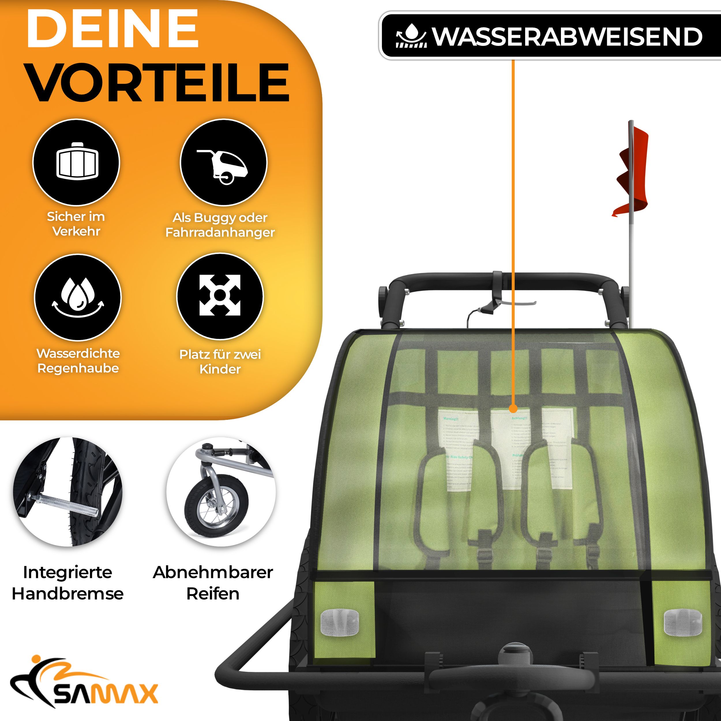 SAMAX 360° drehbarer Fahrradanhänger 2in1 Jogger - in Grün - Black Frame