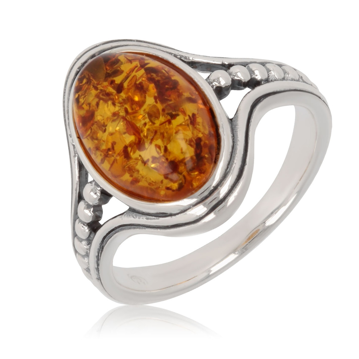 Bague argent rhodié forme ovale ambre et boule en argent