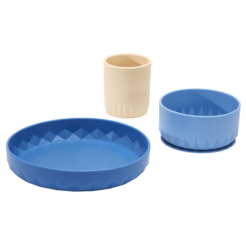 Coffret repas 3 pièces en silicone Origami  - Bleu - Ecru