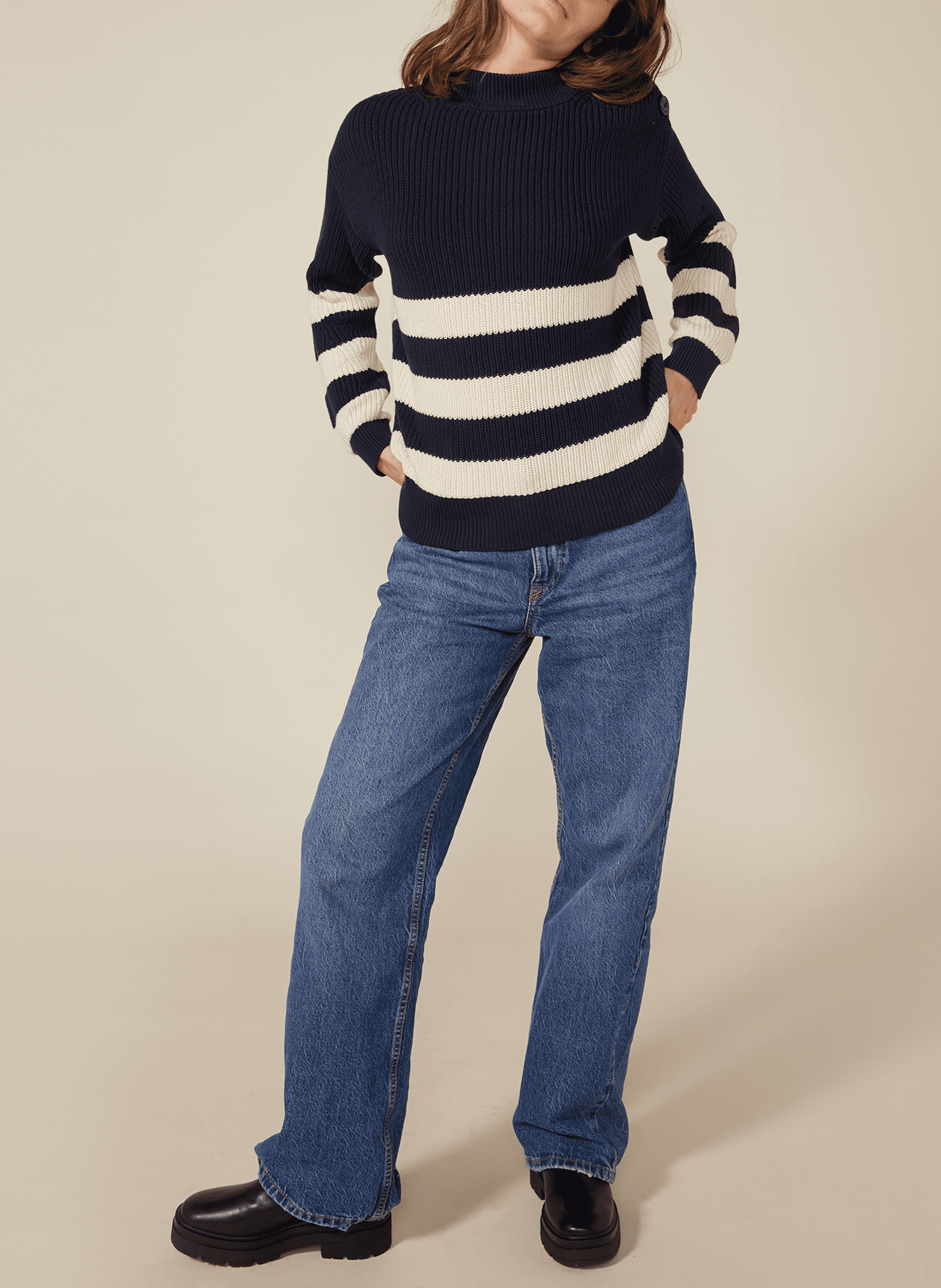 Pull col rond rayé en coton | Bleu